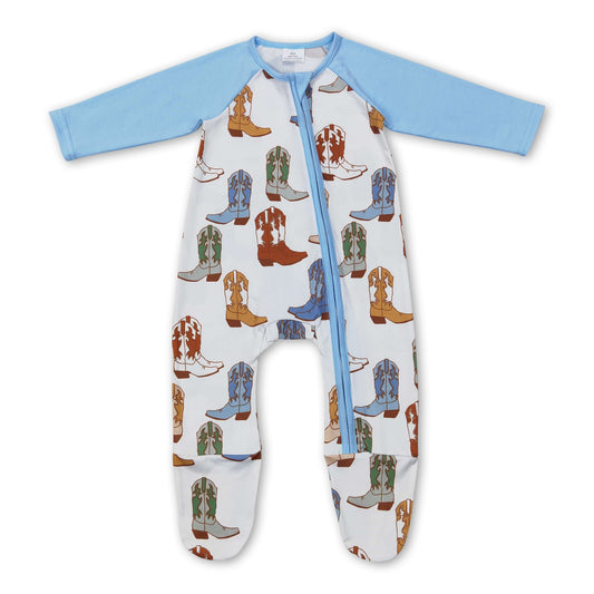 Blue ruffle boots western baby boys footed zipper coveralls