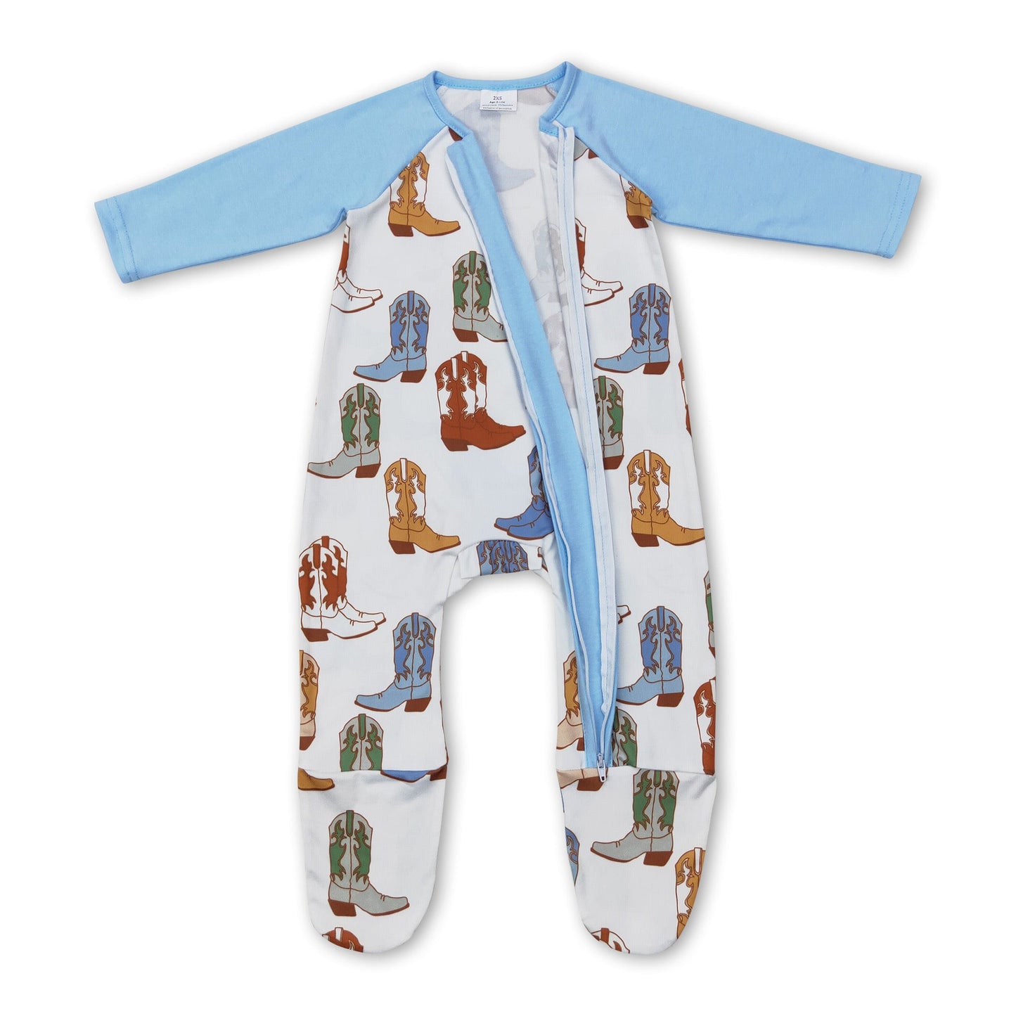 Blue ruffle boots western baby boys footed zipper coveralls