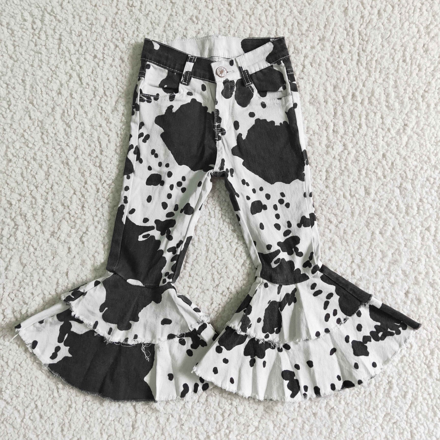 Black white cow denim pants girls ruffle jeans