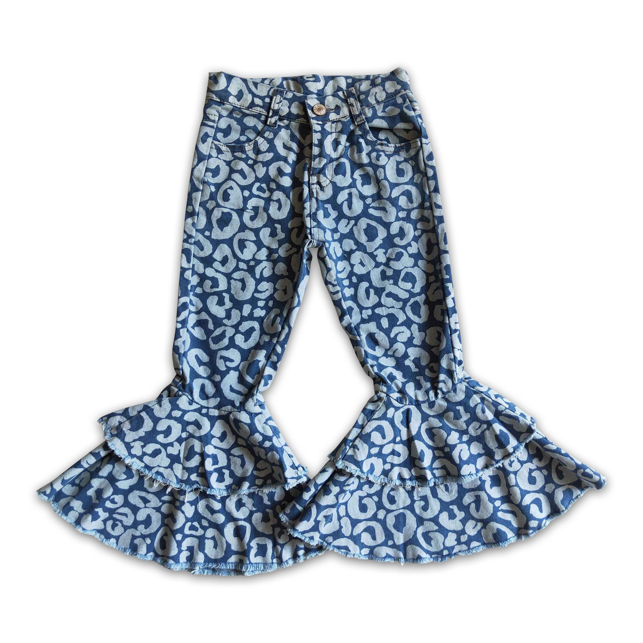 Blue leopard jeans ruffle baby girls bell bottom denim pants – Western ...