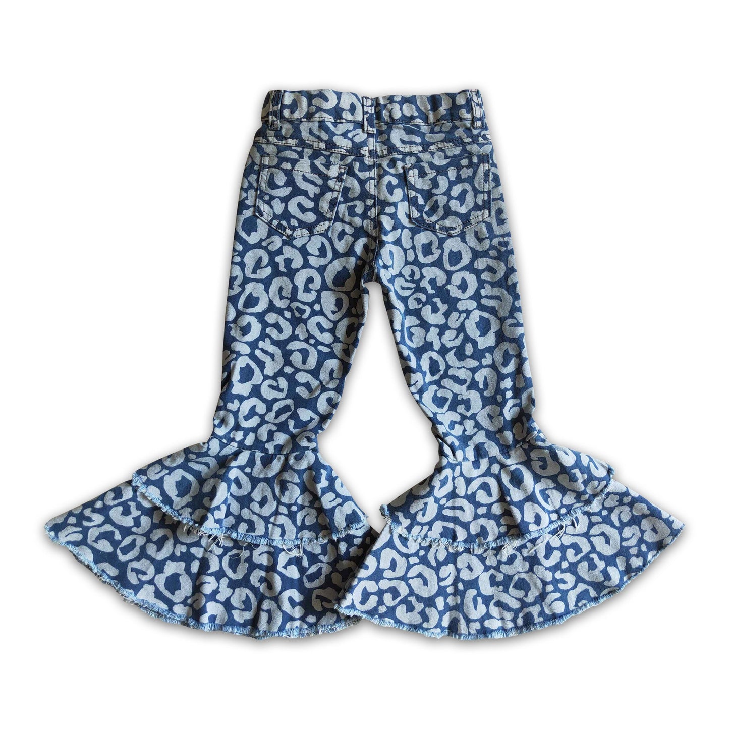 Blue leopard jeans ruffle baby girls bell bottom denim pants