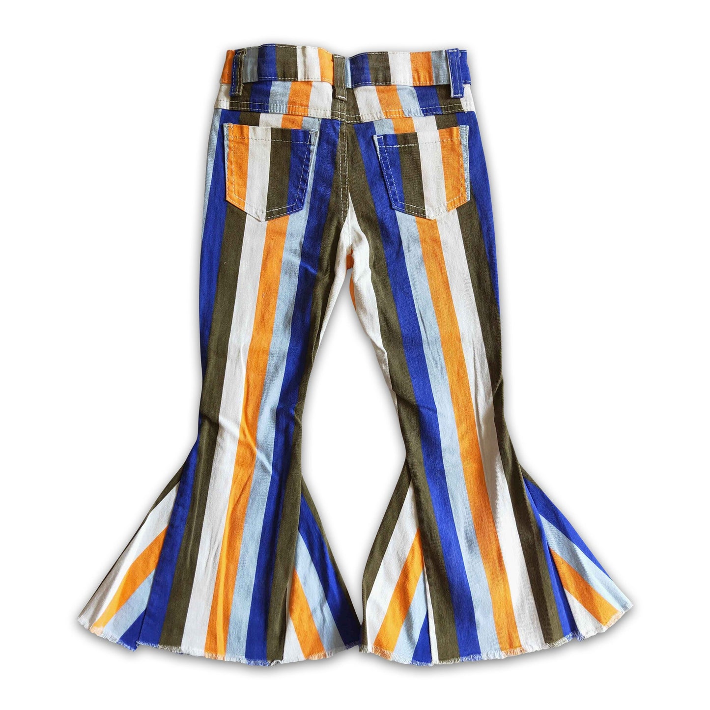 Blue orange white stripe jeans girls fall bell bottom denim pants