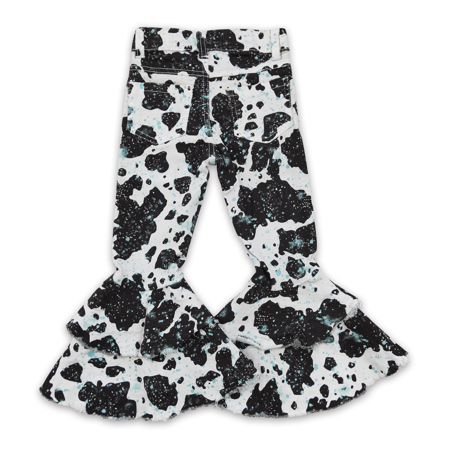 Turquoise black white cow denim pants girls ruffle jeans