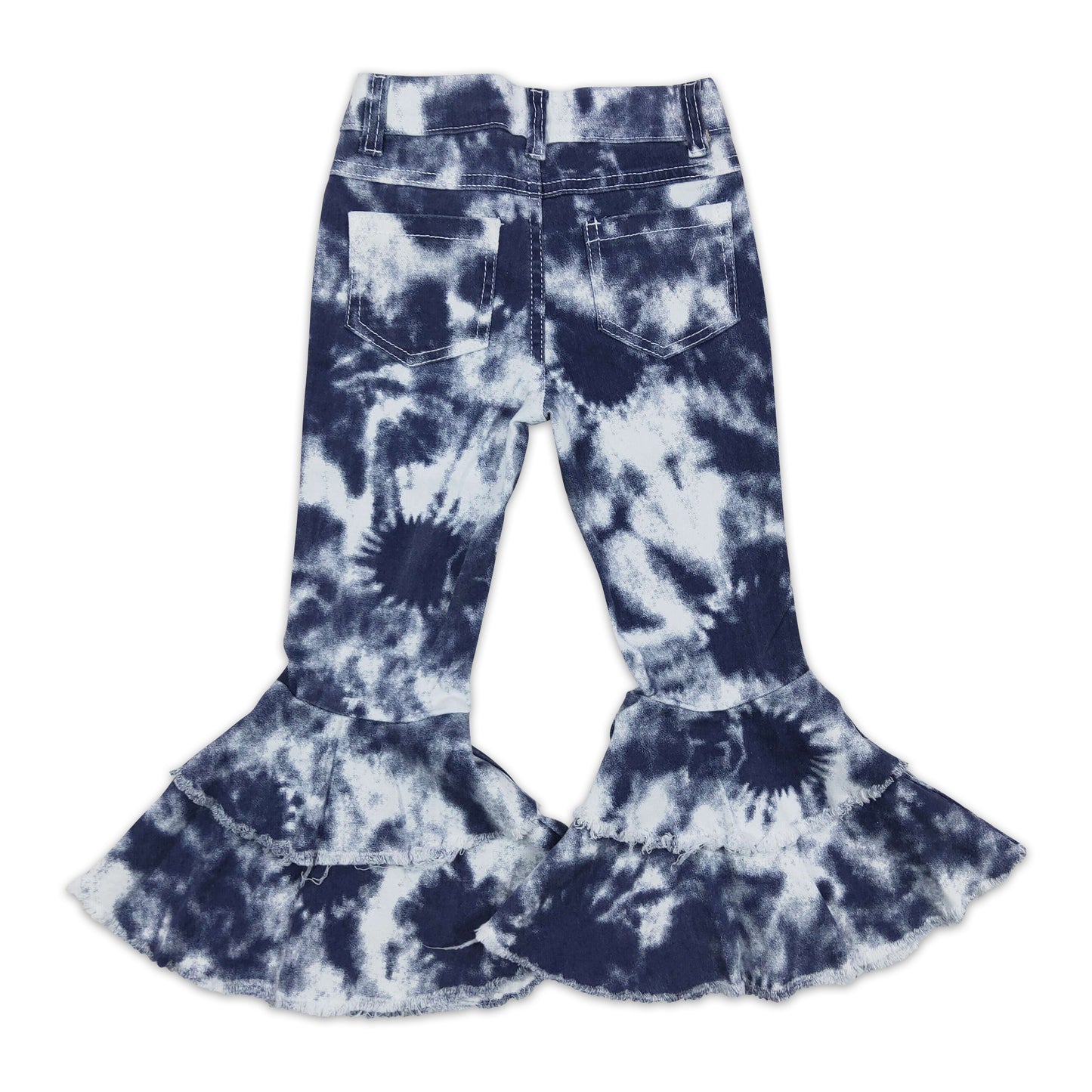 Blue tie dye ruffle bell bottom denim pants girls jeans