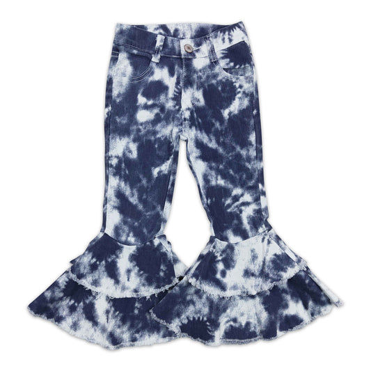 Blue tie dye ruffle bell bottom denim pants girls jeans