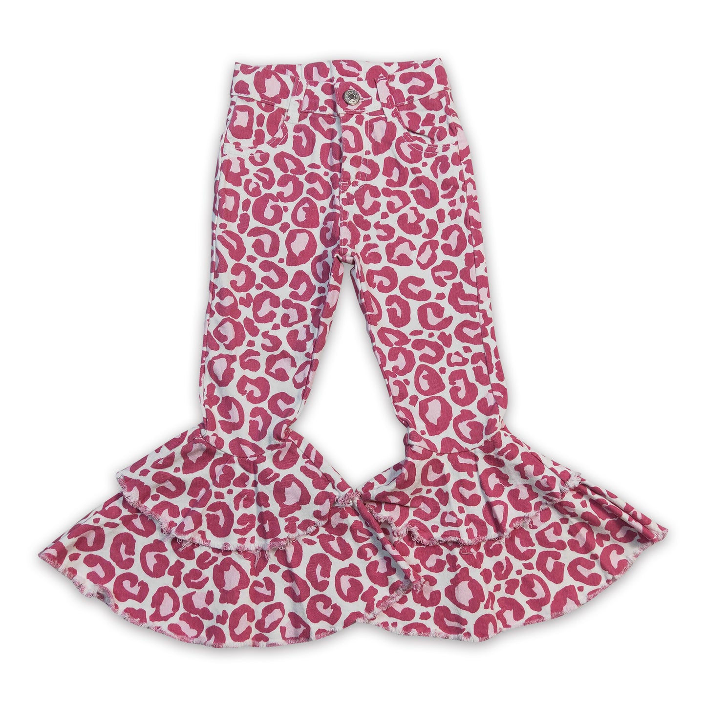 Pink leopard double ruffle denim pants girls valentine's jeans