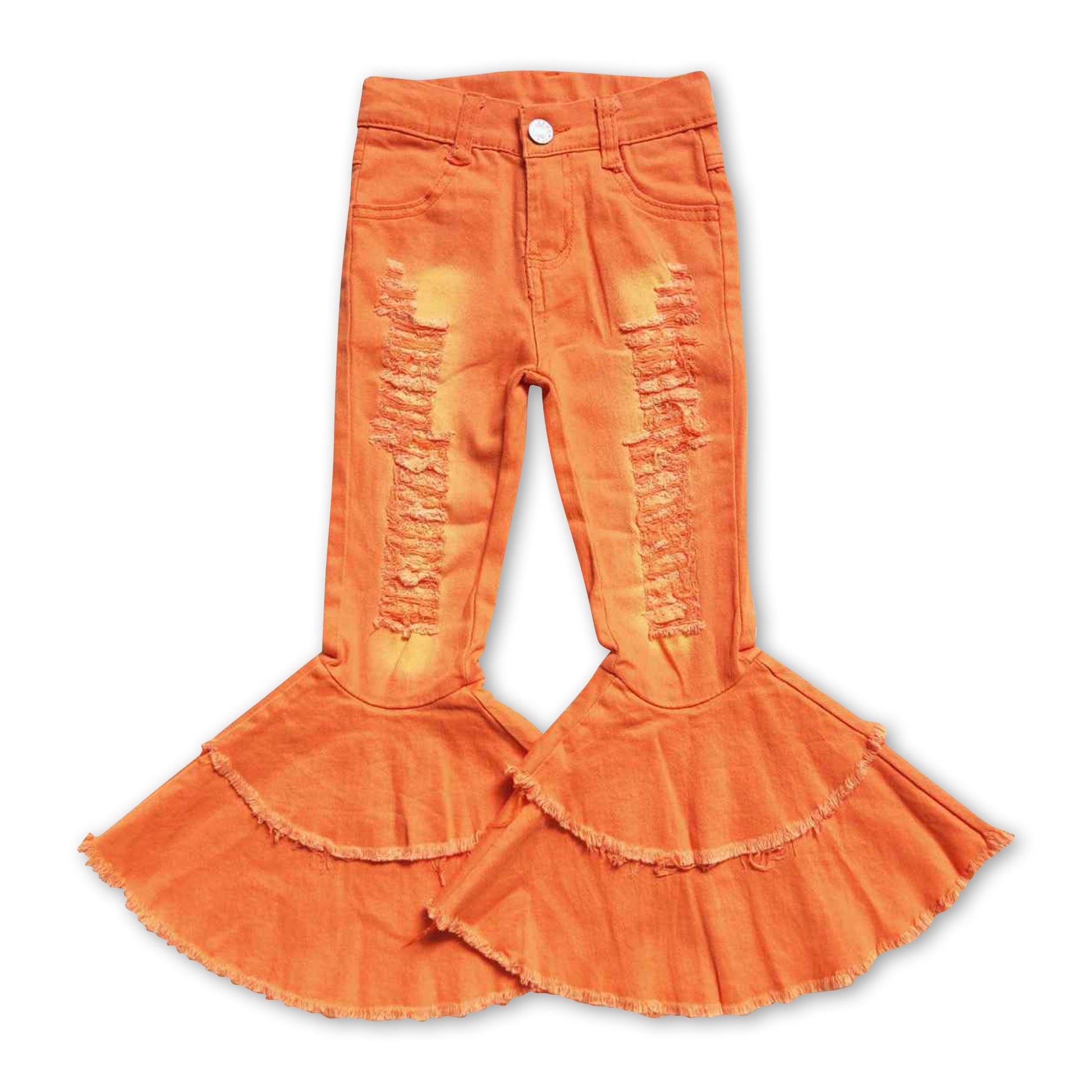Orange distressed ruffle bell bottom pants kids girls jeans – Western kids  clothes