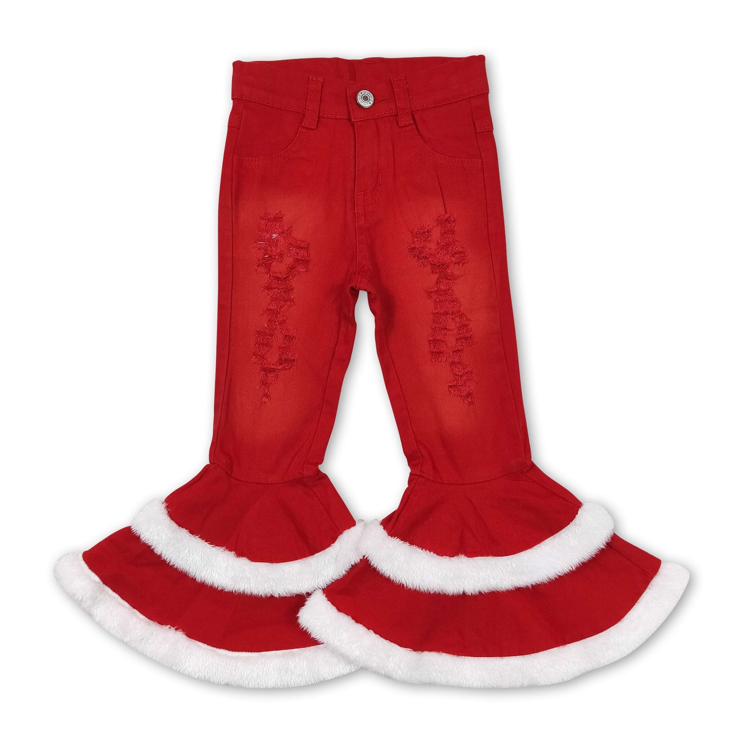 Red distressed ruffle bell bottom pants girls Christmas jeans