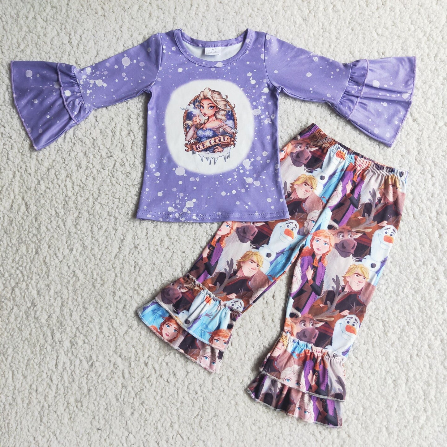 Purple screen print shirt princess ruffle pants girls outfits