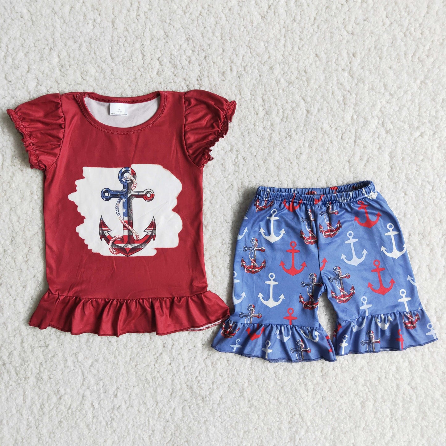 Anchor print shirt match shorts girls 4th of july set