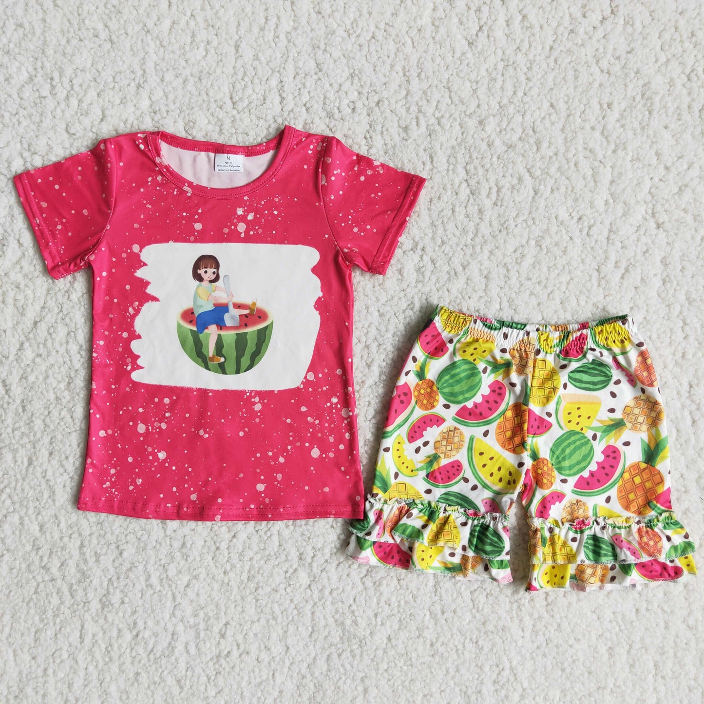 Watermelon screen print shirt ruffle shorts girls clothes