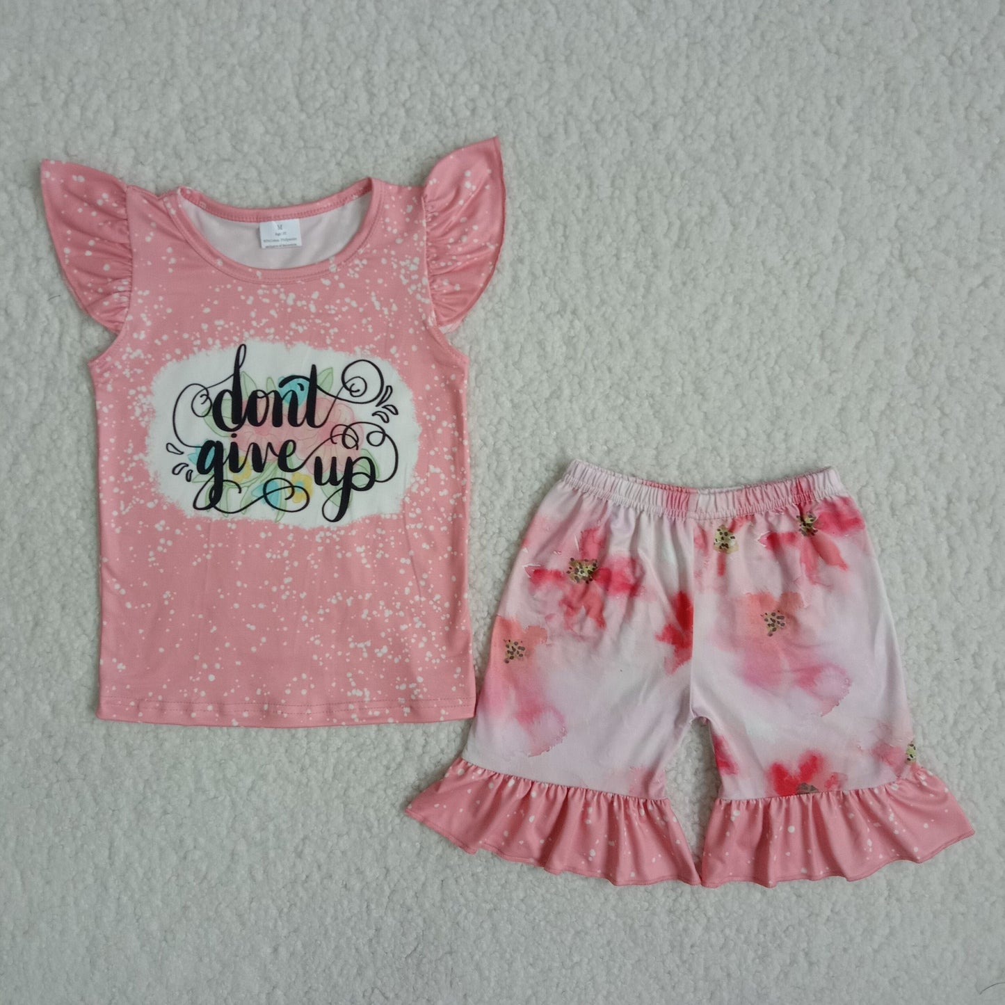 Don't give up print shirt ruffle shorts girls clothing set