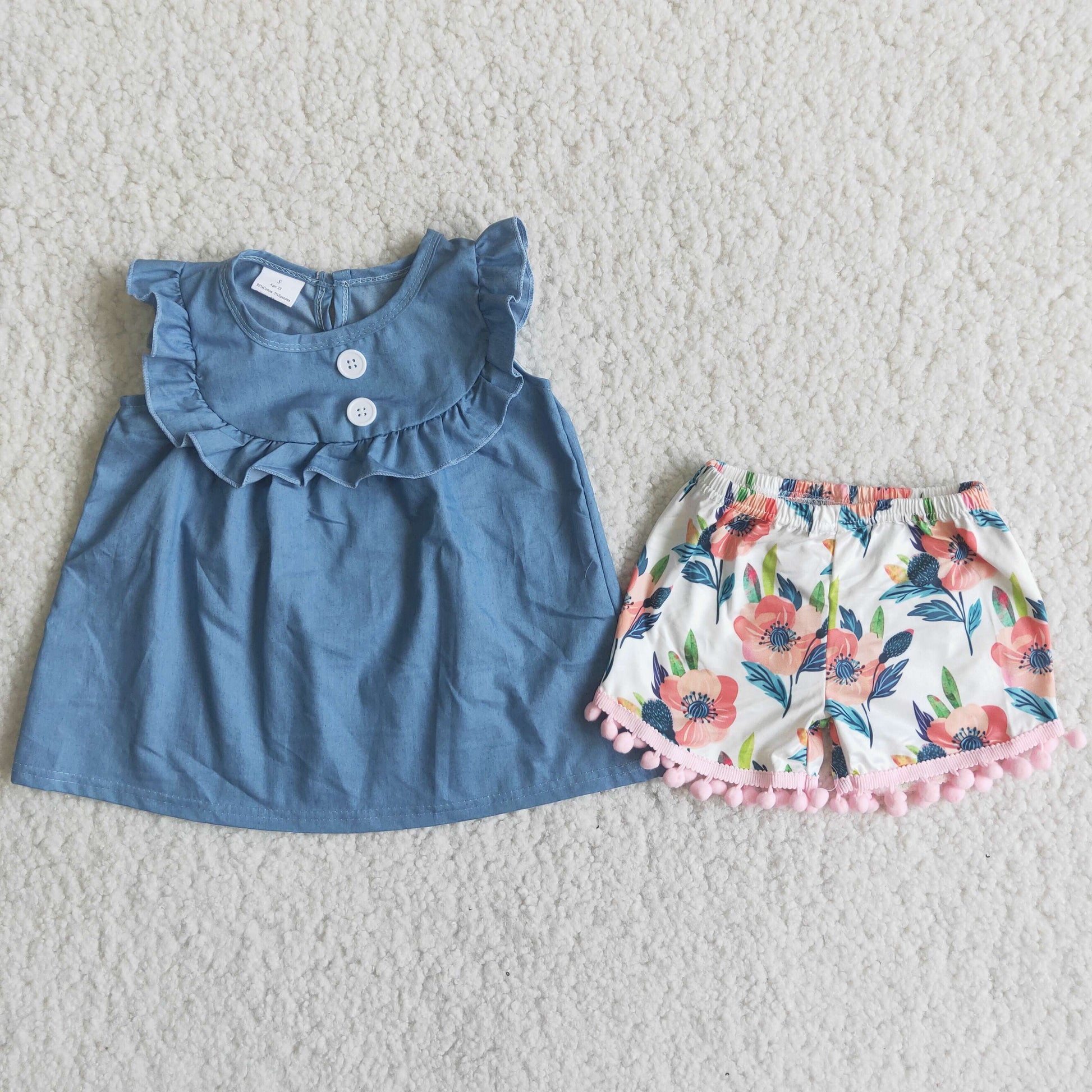 Denim tunic floral pom pom shorts kids clothing – Western kids clothes