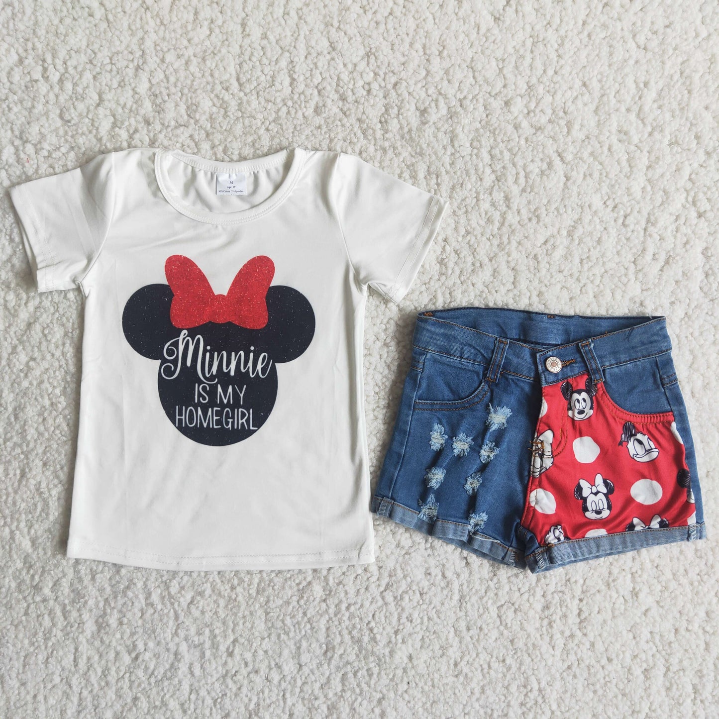 Cute print short sleeve shirt match denim shorts girls outfits