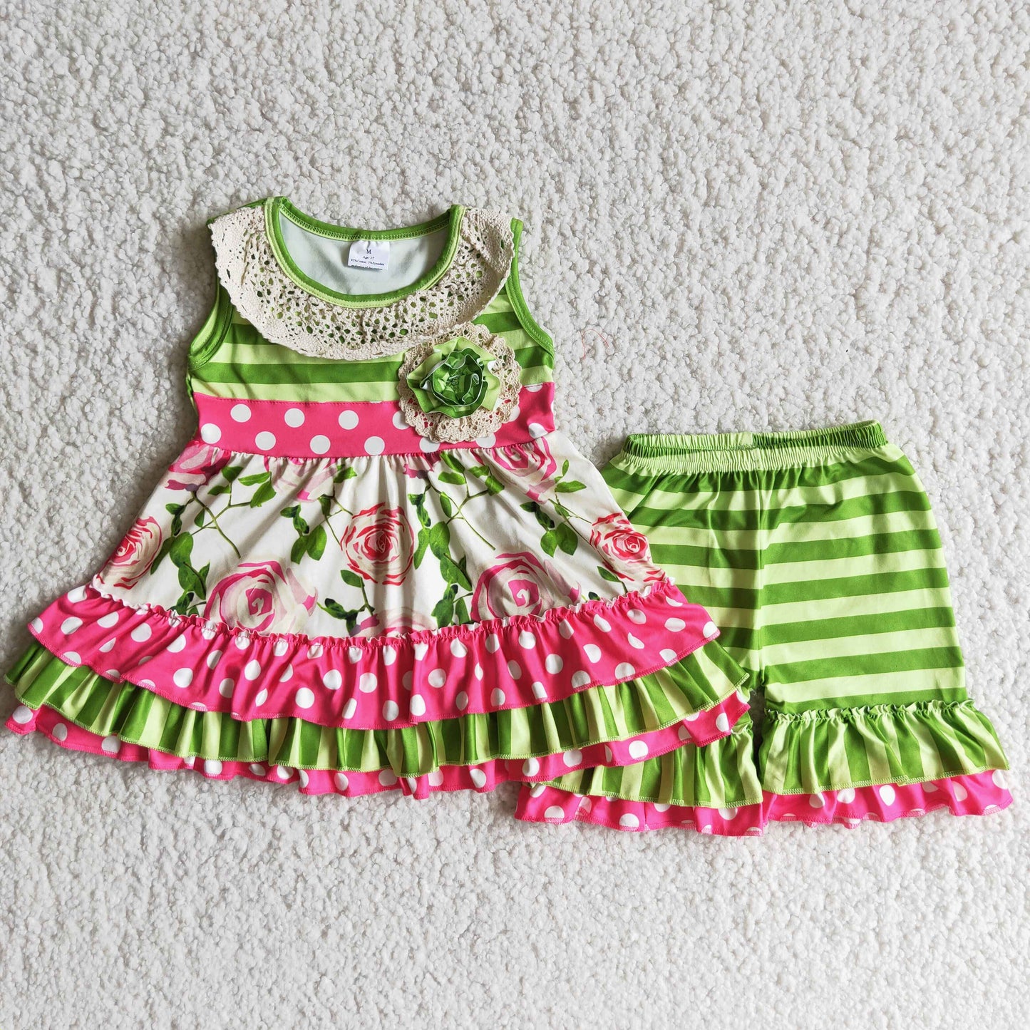 Green stripe floral ruffle tunic shorts summer set