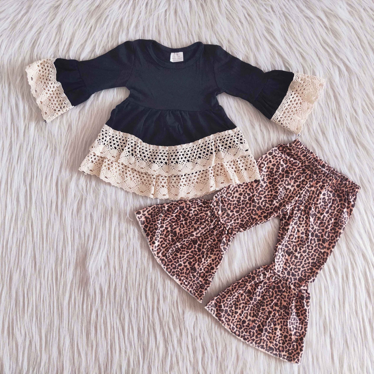 Black wave lace tunic leopard pants toddler girls set