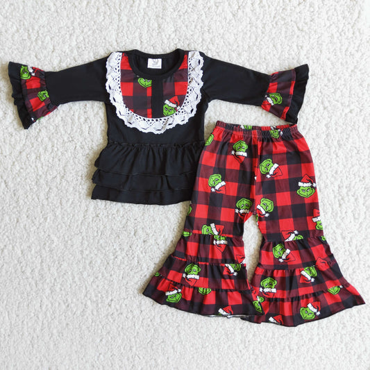 Black green face ruffle shirt pants kids Christmas outfits