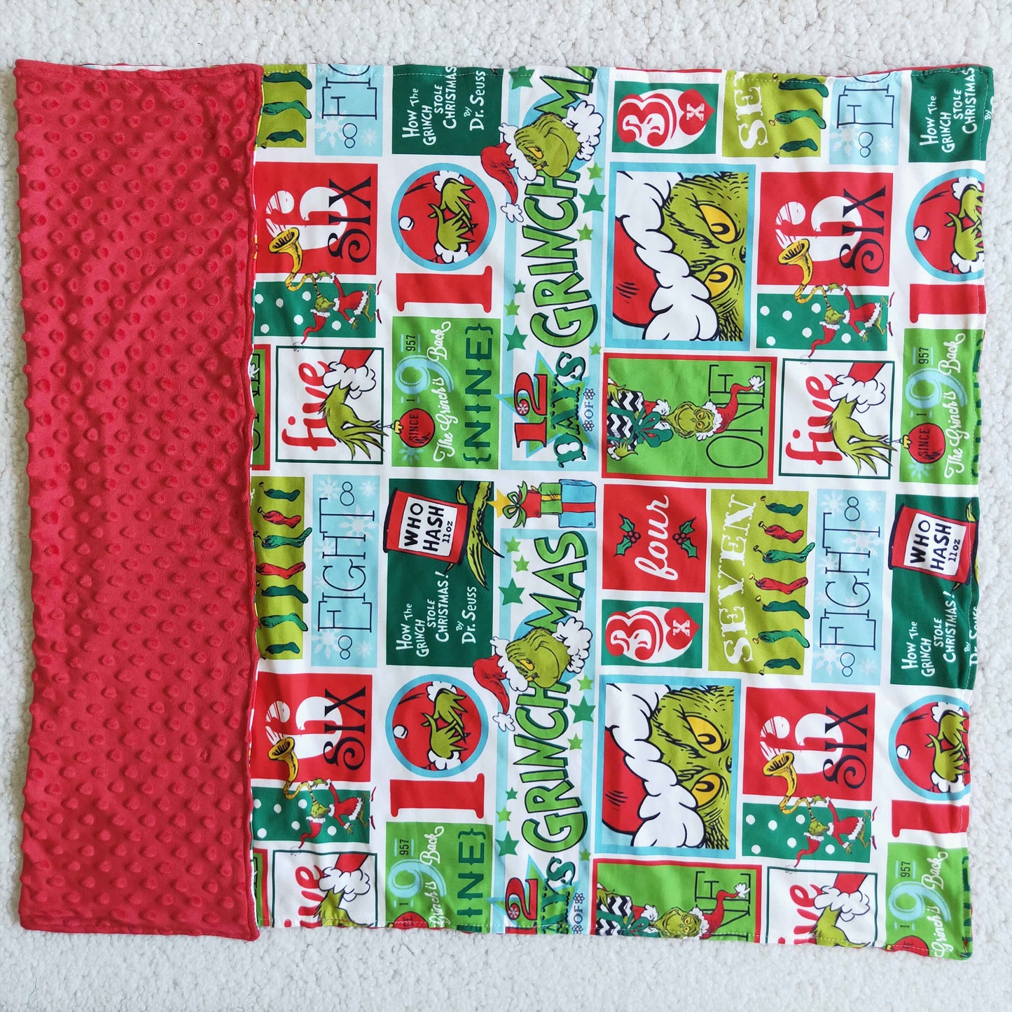 Print and red minky green face Christmas blankets