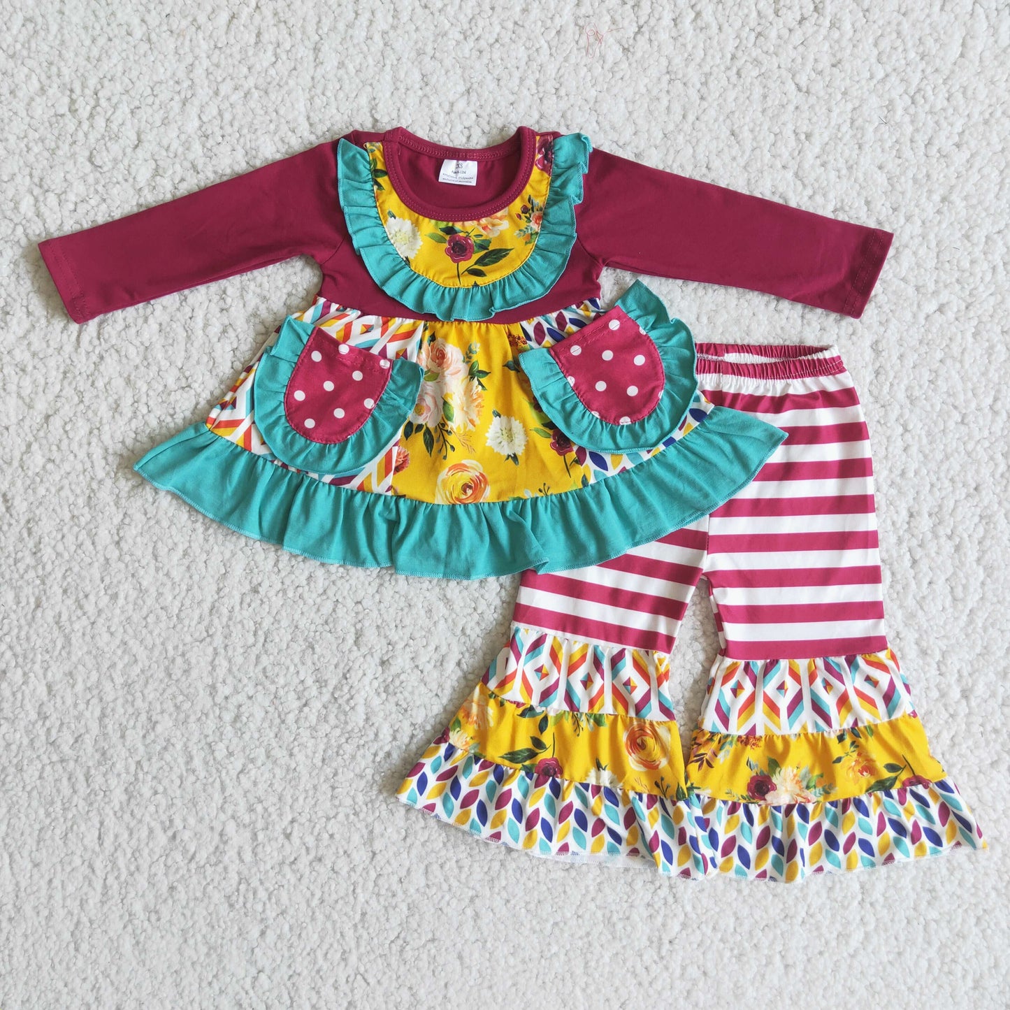 Maroon pockets patchwork girls boutique fall clothing