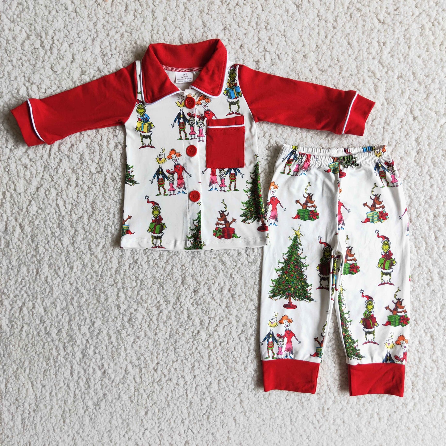 Cute green face print pocket boy Christms pjs