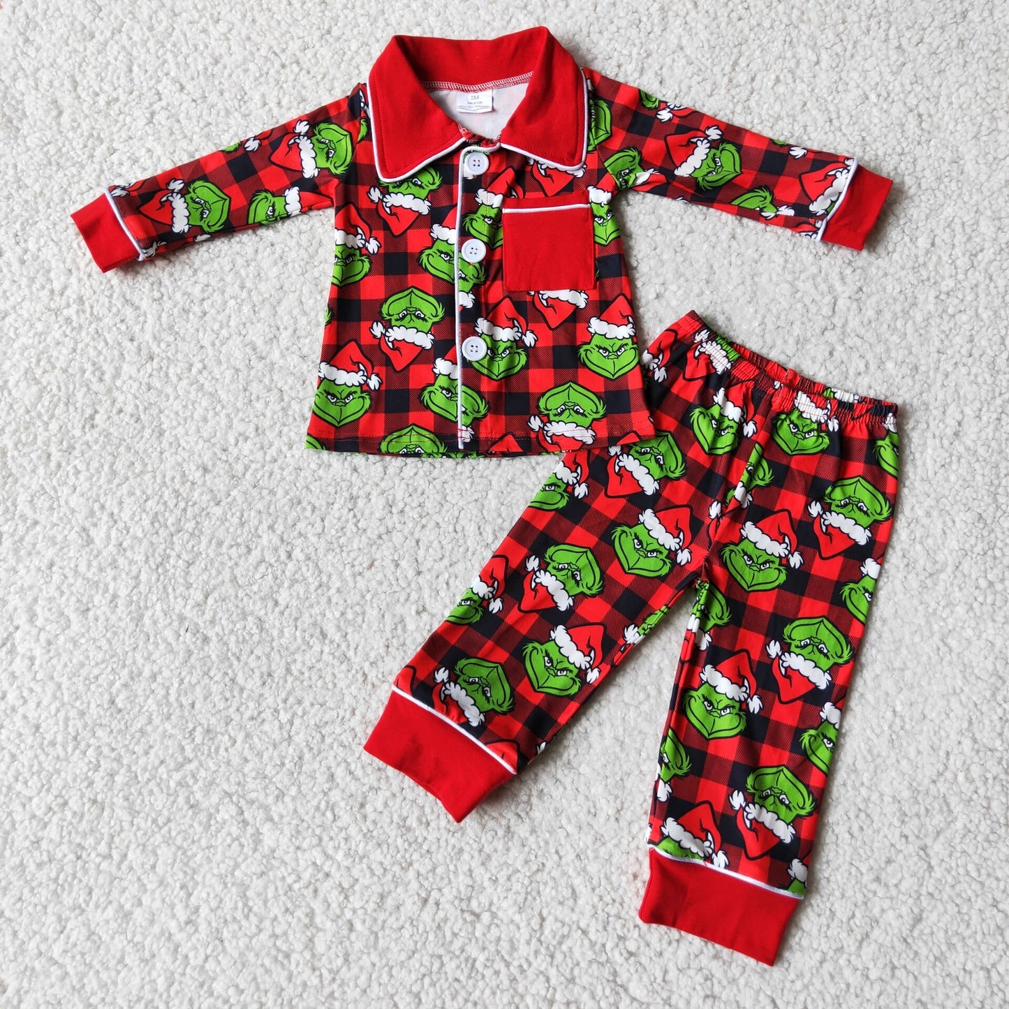 Plaid green face print pocket kids boy Christmas pjs