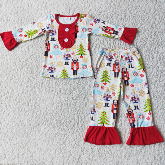 Long sleeve ruffle shirt pants girls Christmas pajamas