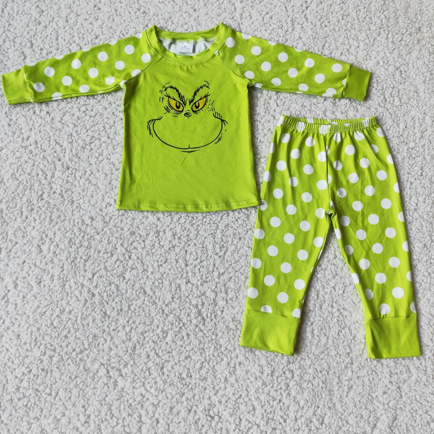 Green face screen print polka dots girls Christmas pajamas