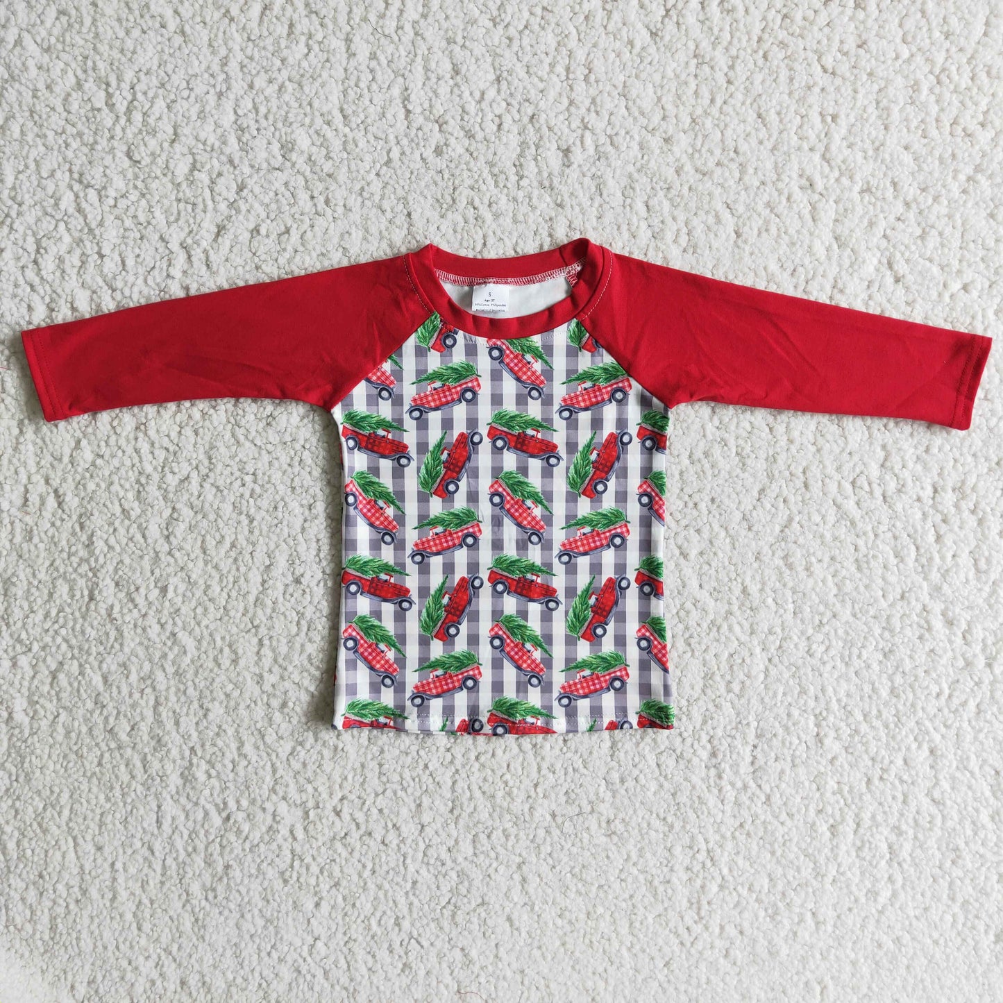 Red long sleeve Christmas tree trucks boy shirt