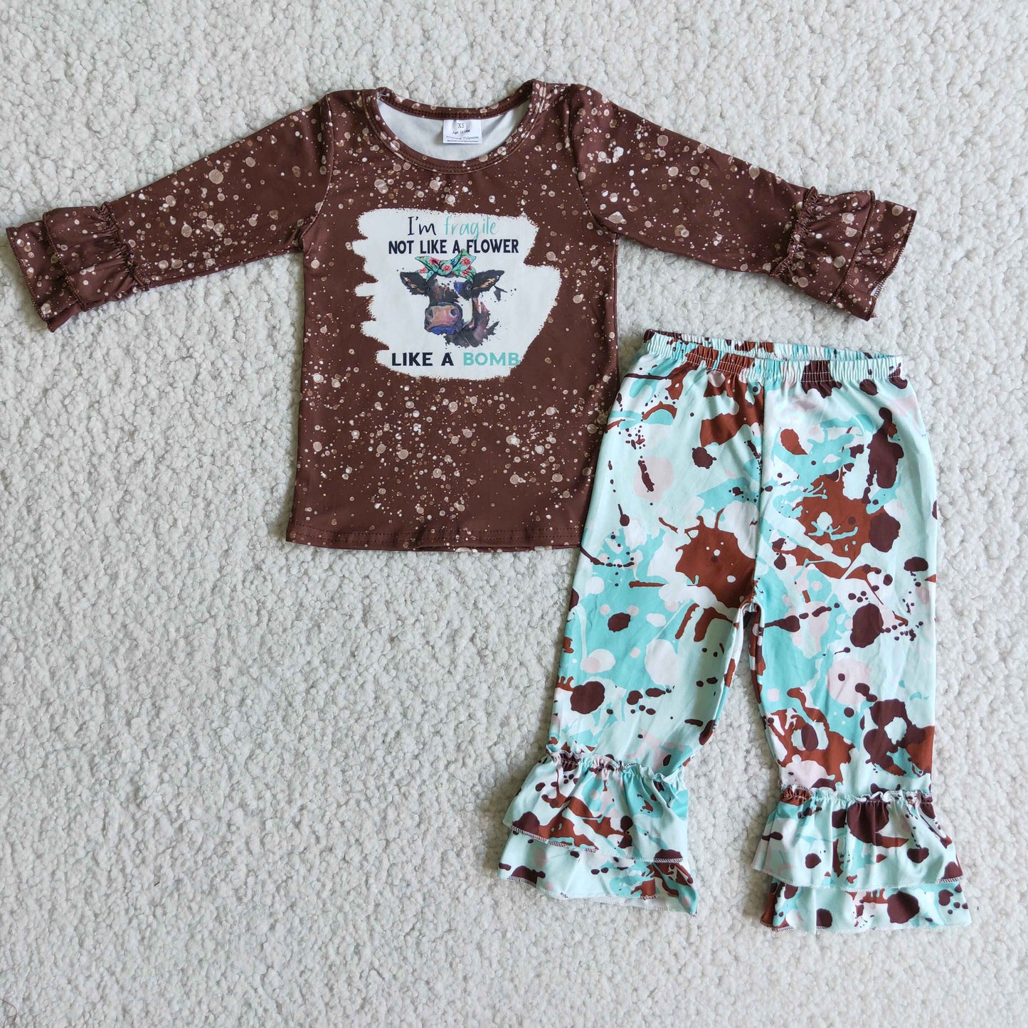 Brown bleached cow shirt ruffle pants girls outfits