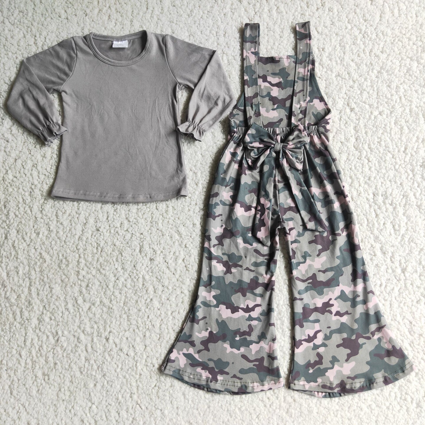 Grey cotton top camo overalls girls clothes