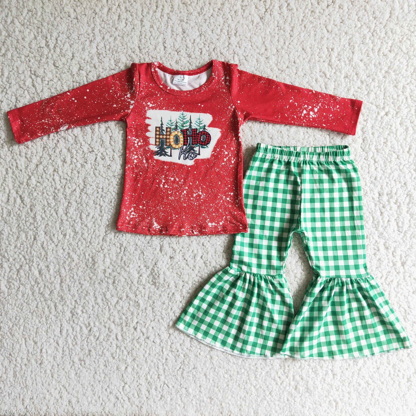 Ho ho ho bleached shirt green plaid bell bottom pants girls Christmas outfits