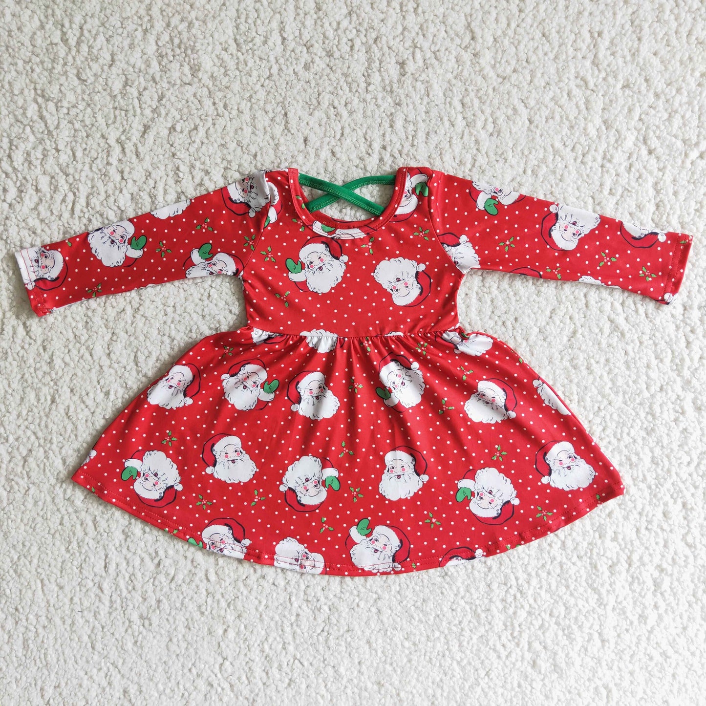 Santa print long sleeve girls twirl Christmas dresses