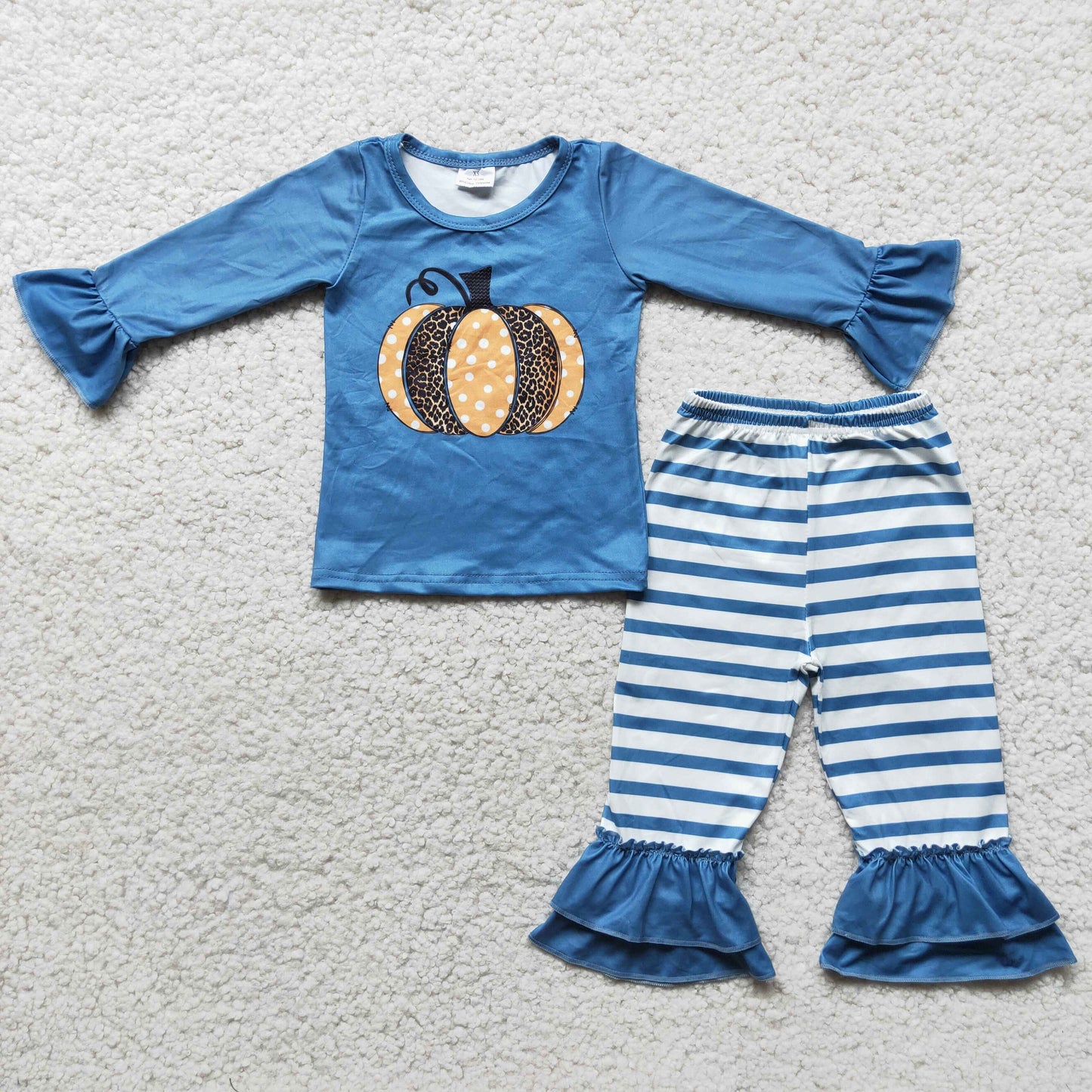 Blue long sleeve pumpkin shirt stripe pants girls outfits