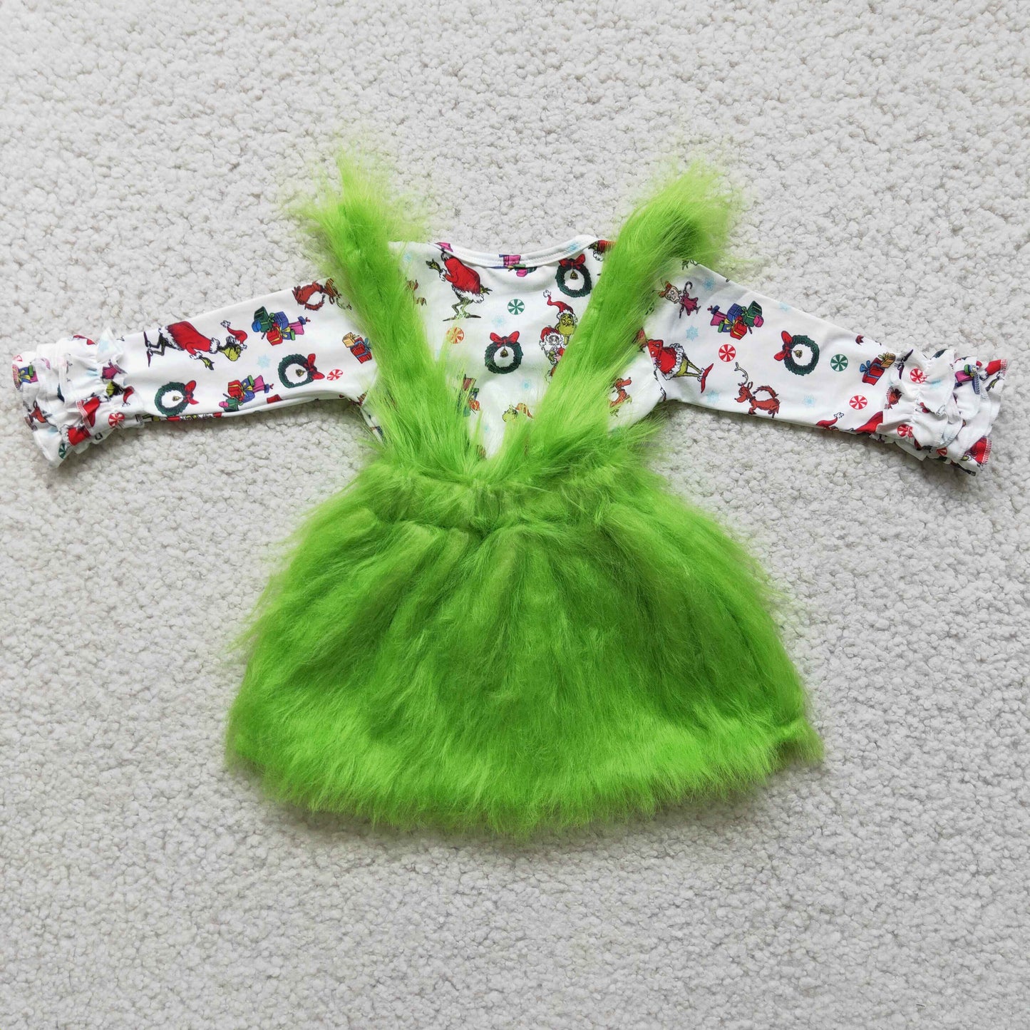 Green face faux fur suspender skirt match long sleeve shirt girl Christmas outfits