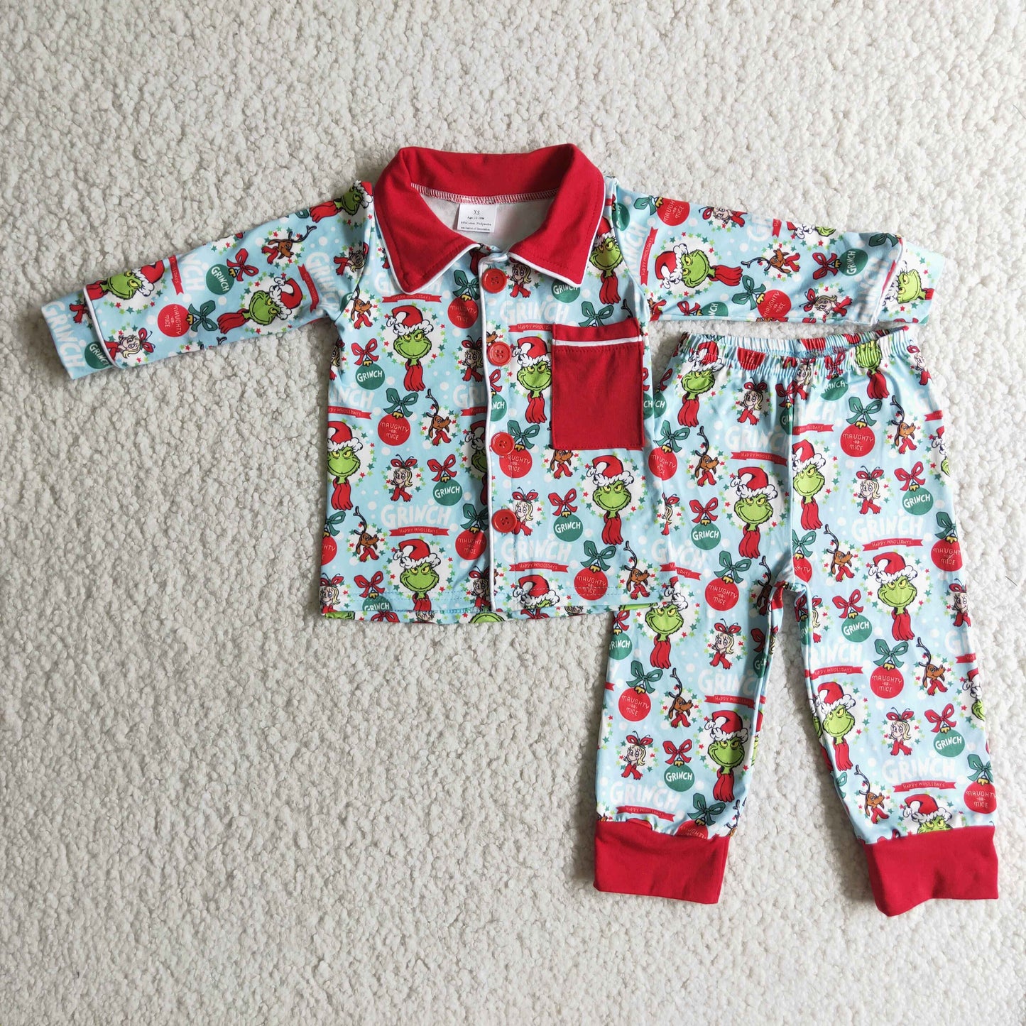 Blue green face print pocket boy Christmas pajamas