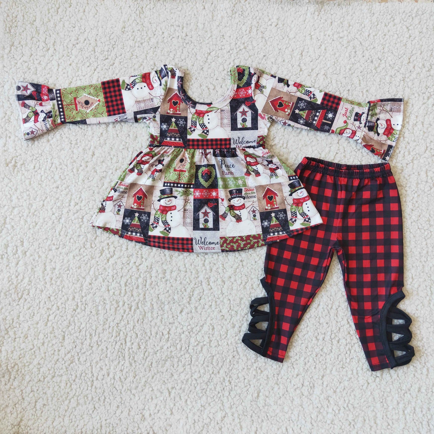 Snowman print tunic plaid leggings girls Christmas clothing