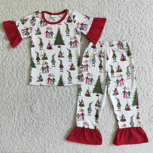 Girls ruffle short sleeve green face print Christmas pajamas