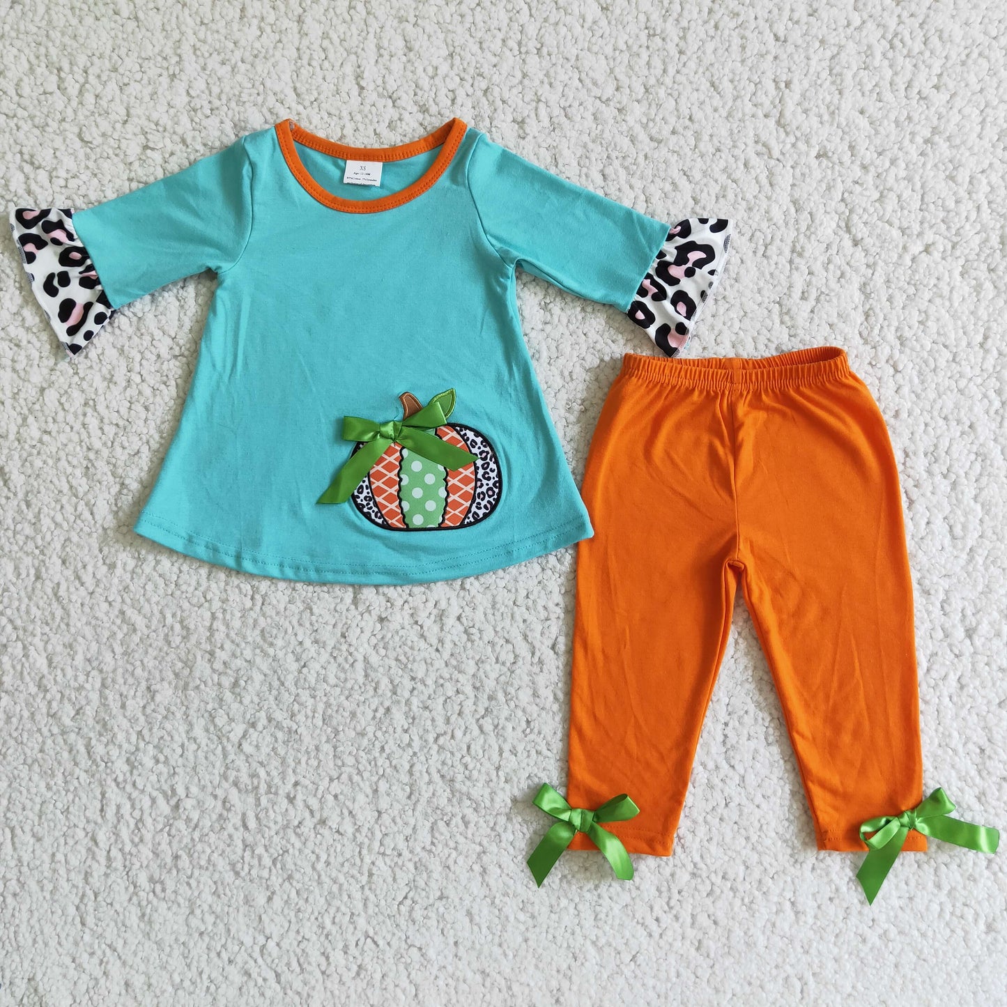 Solid cotton pumpkin embroidery tunic leggings girls fall set