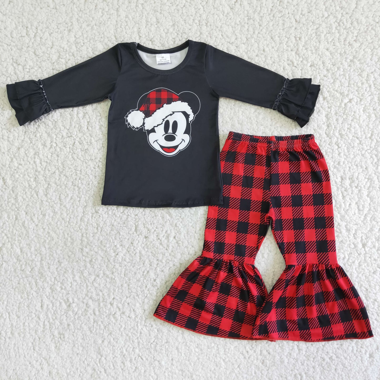 Black mouse screen print shirt buffalo plaid pants girls Christmas clothing