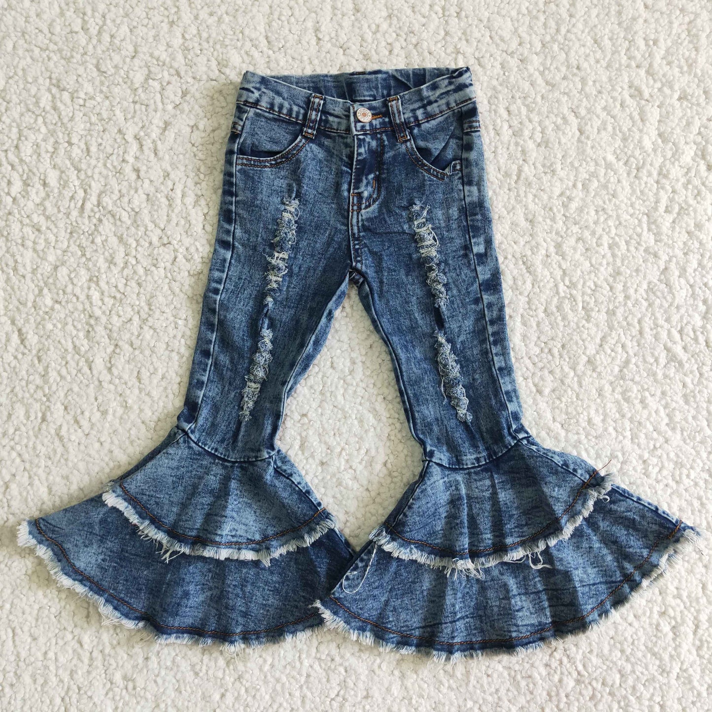 Washed denim waistband ruffle Bell Bottom Girls Pants