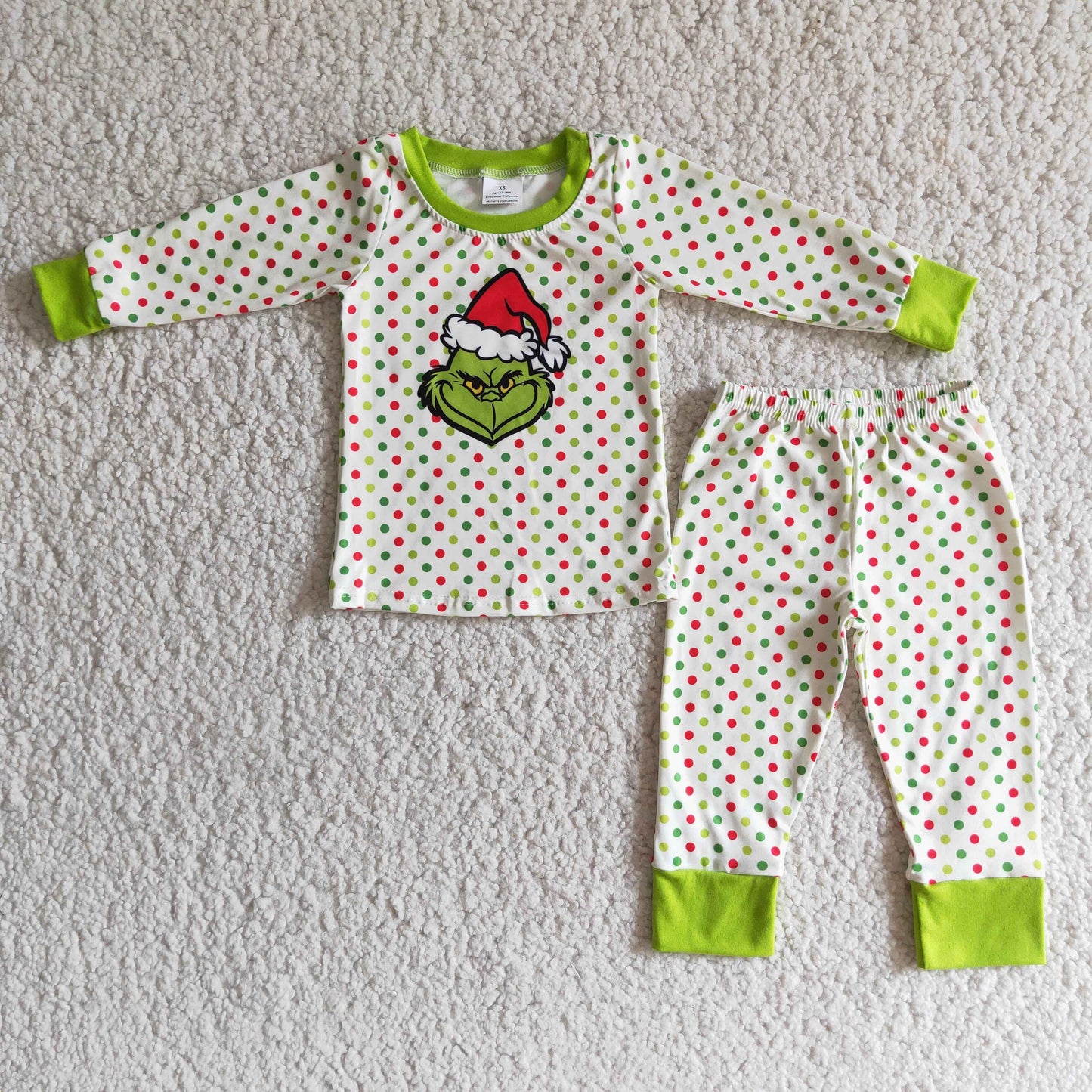 Polka dots long sleeve green face boy Christmas pajamas