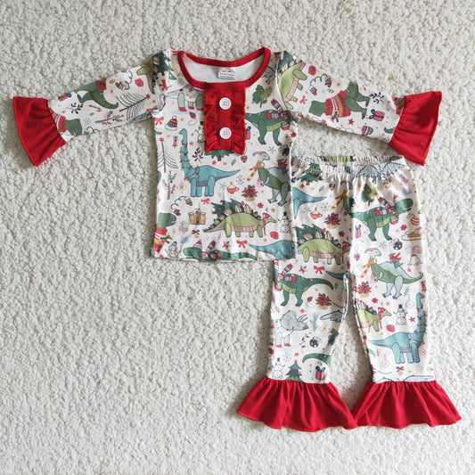 Dinosaur print ruffle girls Christmas pajamas