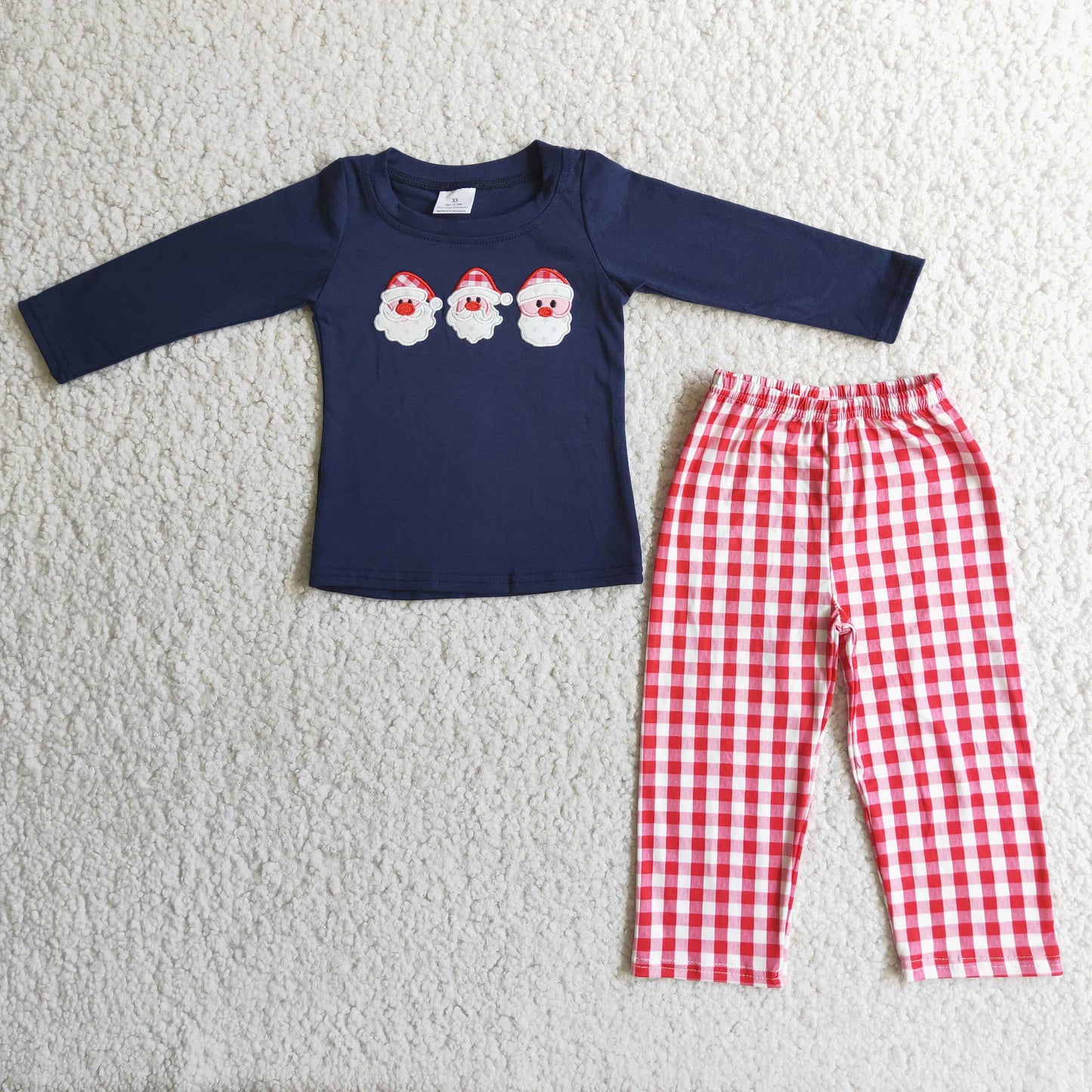 Santa embroidery navy cotton shirt plaid pants boy Christmas clothing