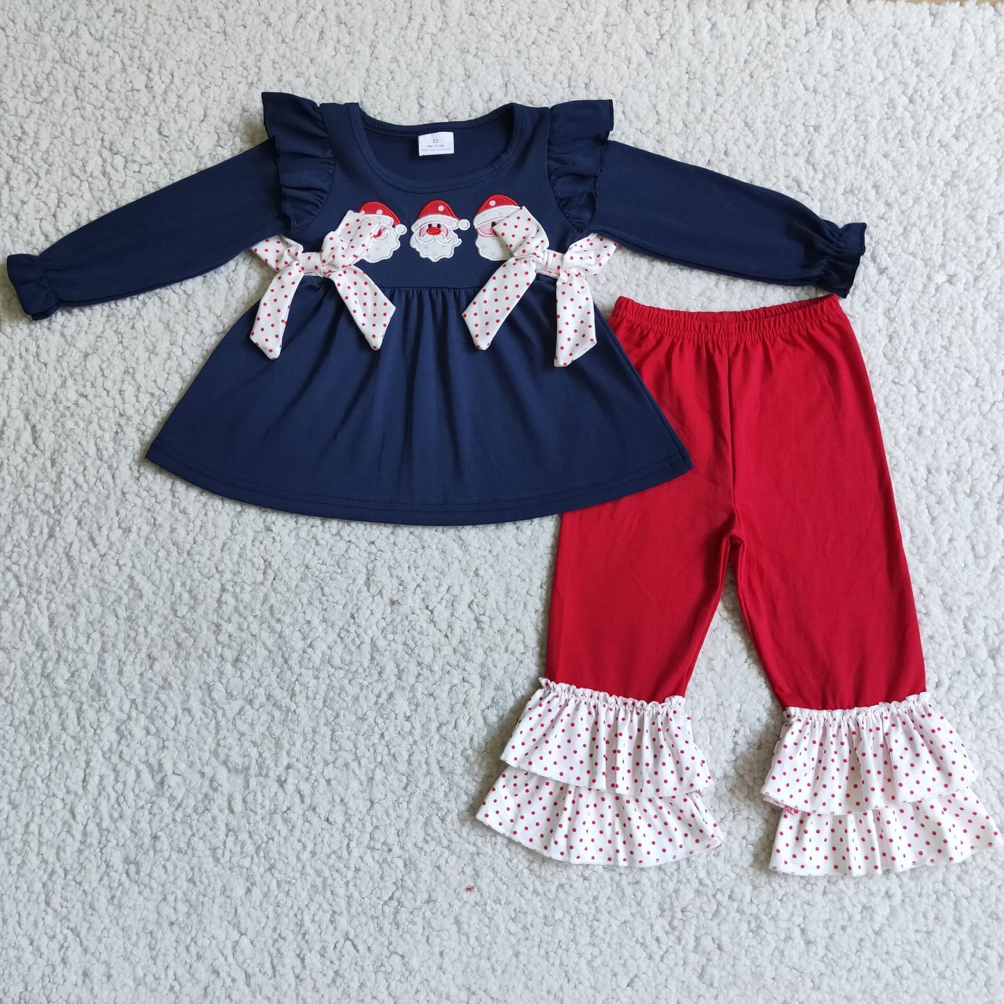 Santa embroidery navy cotton tunic pants girls Christmas outfits