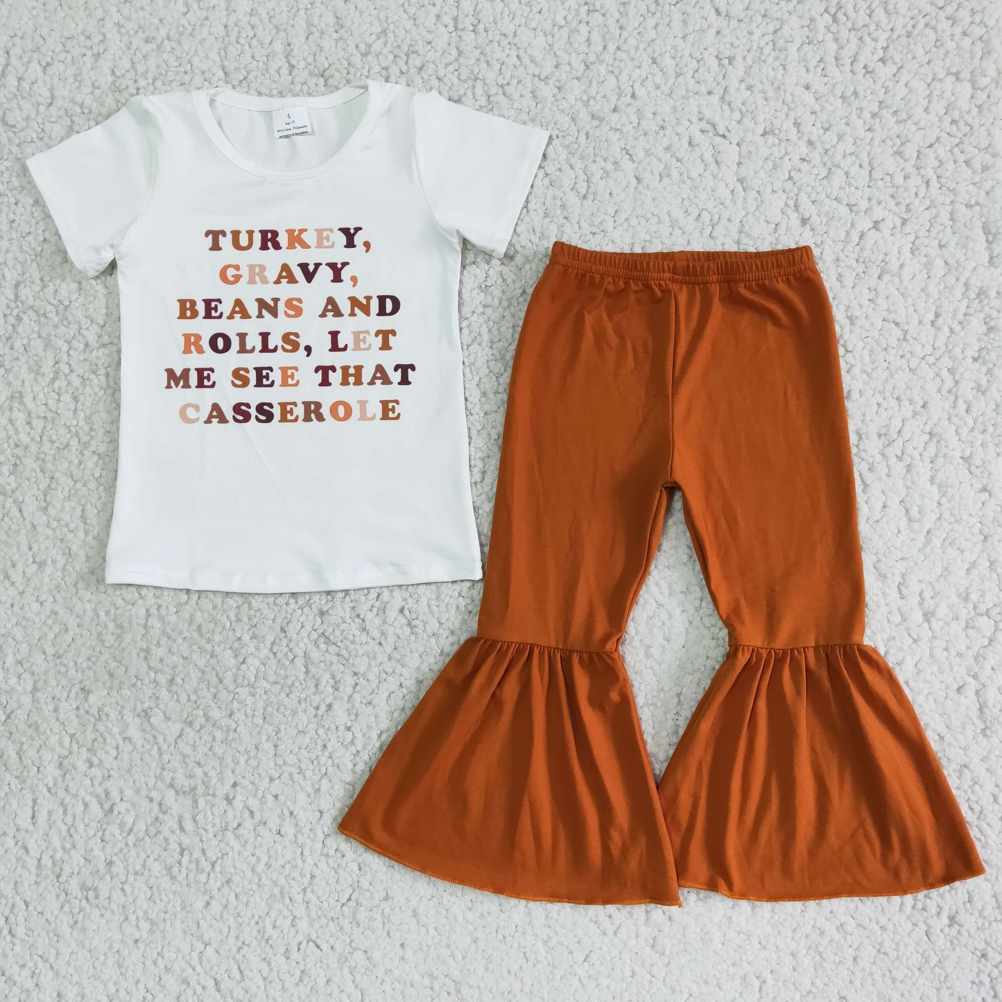 Turkey casserole shirt brown pants girls Thanksgiving outfits