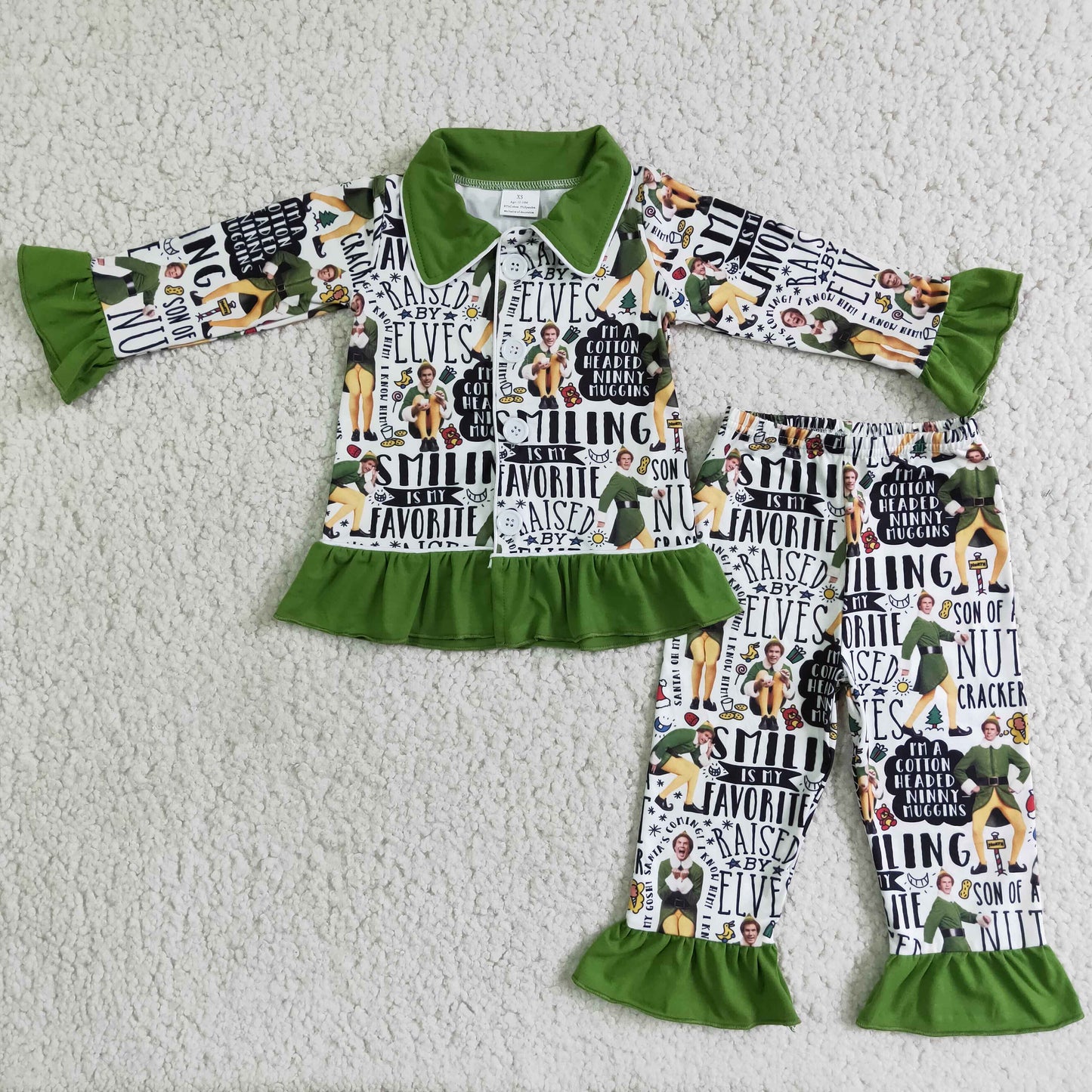 Green ruffle long sleeve naughty and nice girls Christmas pjs