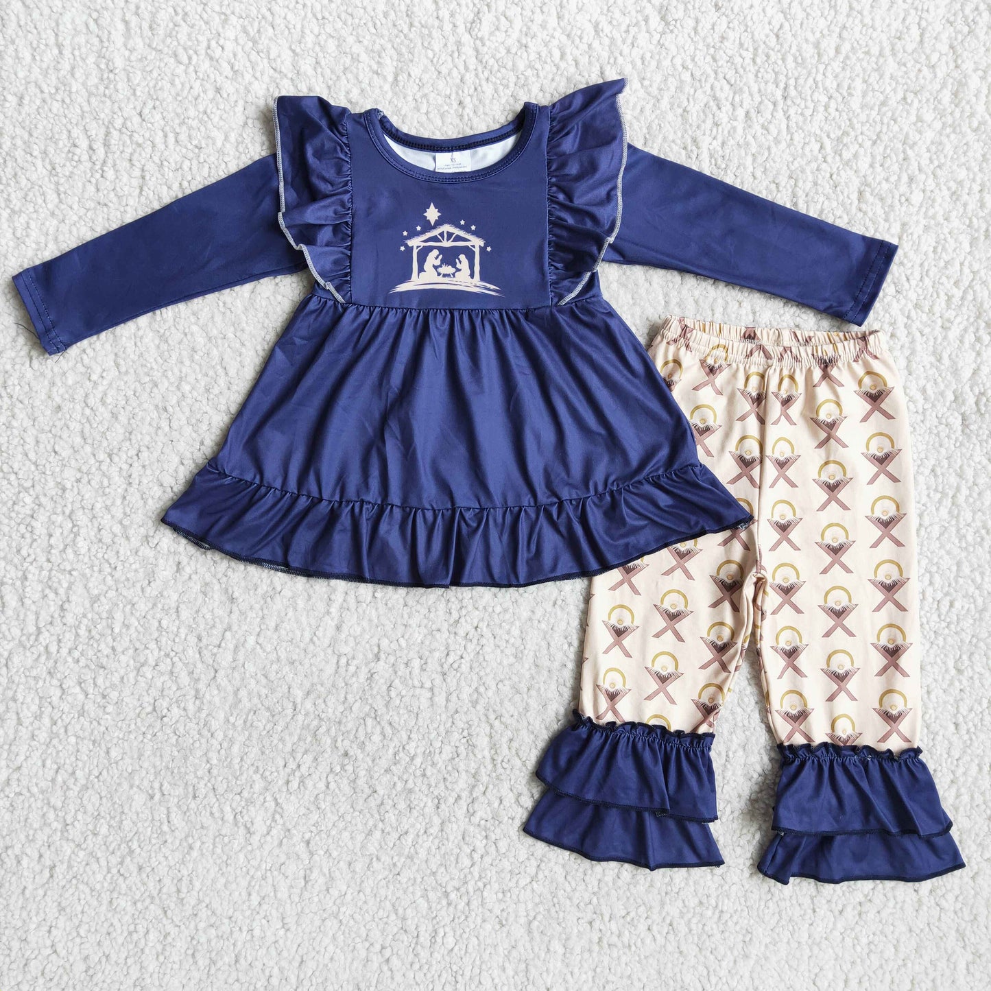 Nativity print navy tunic ruffle pants girls Christmas outfits