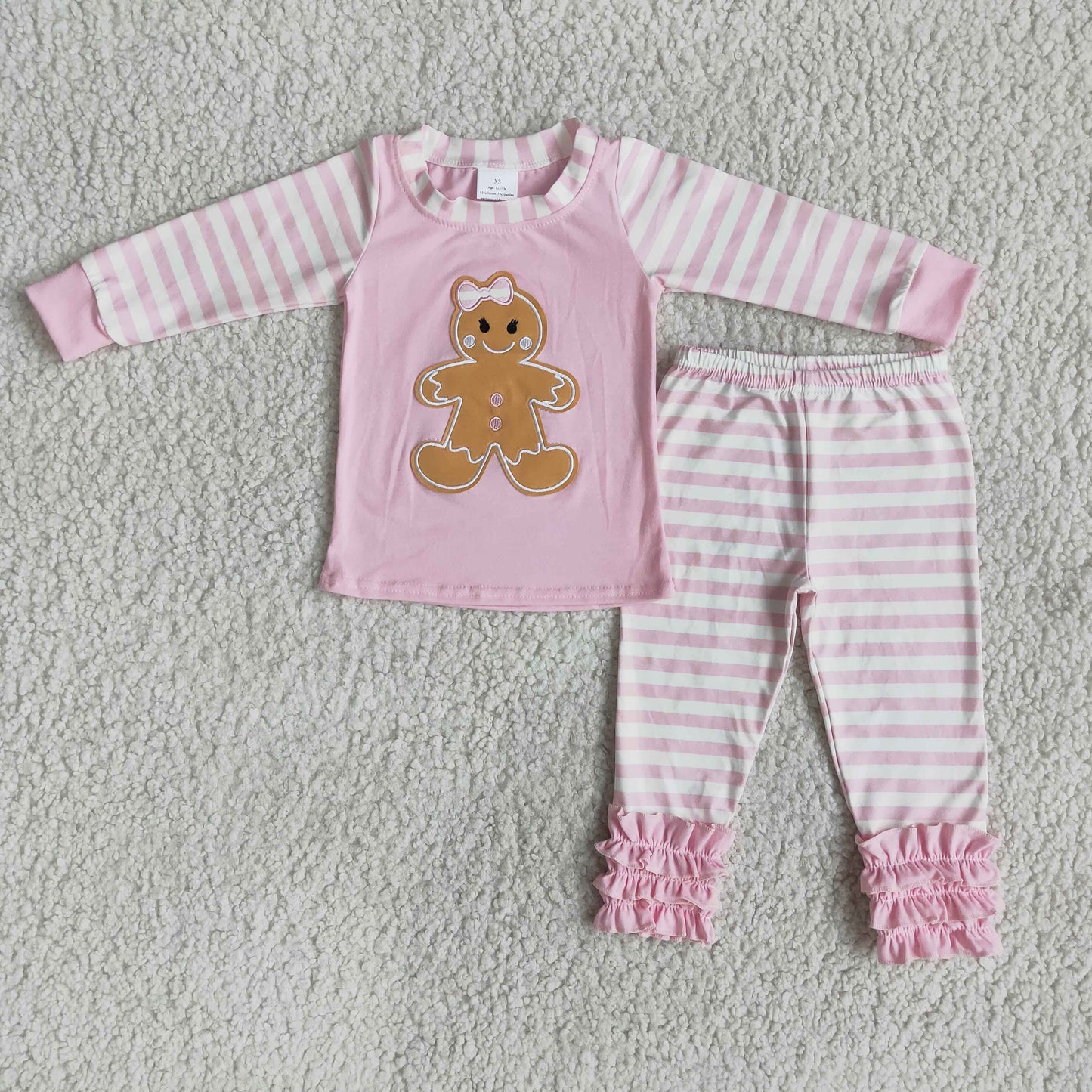 Pink gingerbread embroidery stripe girls Christmas pajamas