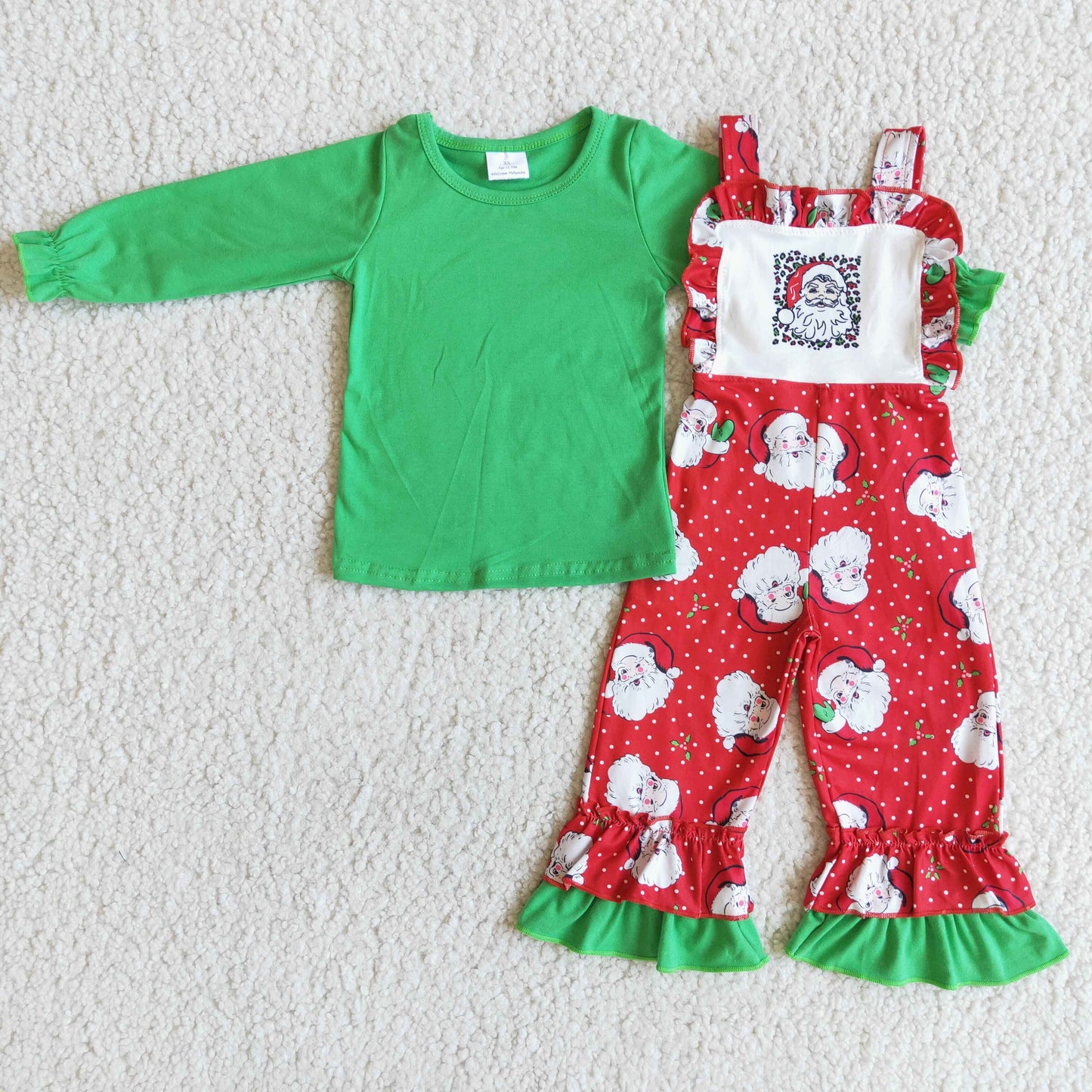 Green cotton shirt santa overalls girls Christmas clothing