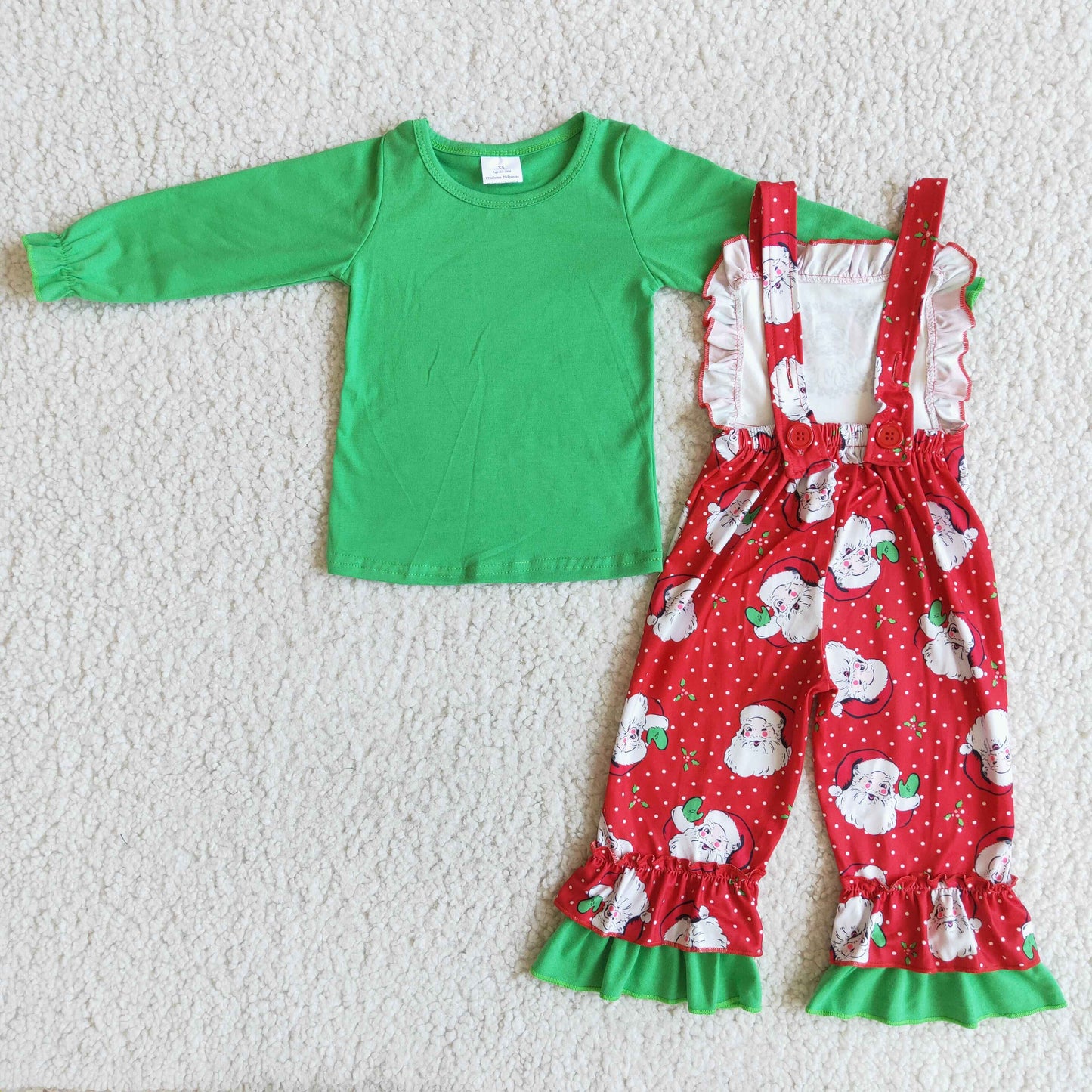 Green cotton shirt santa overalls girls Christmas clothing